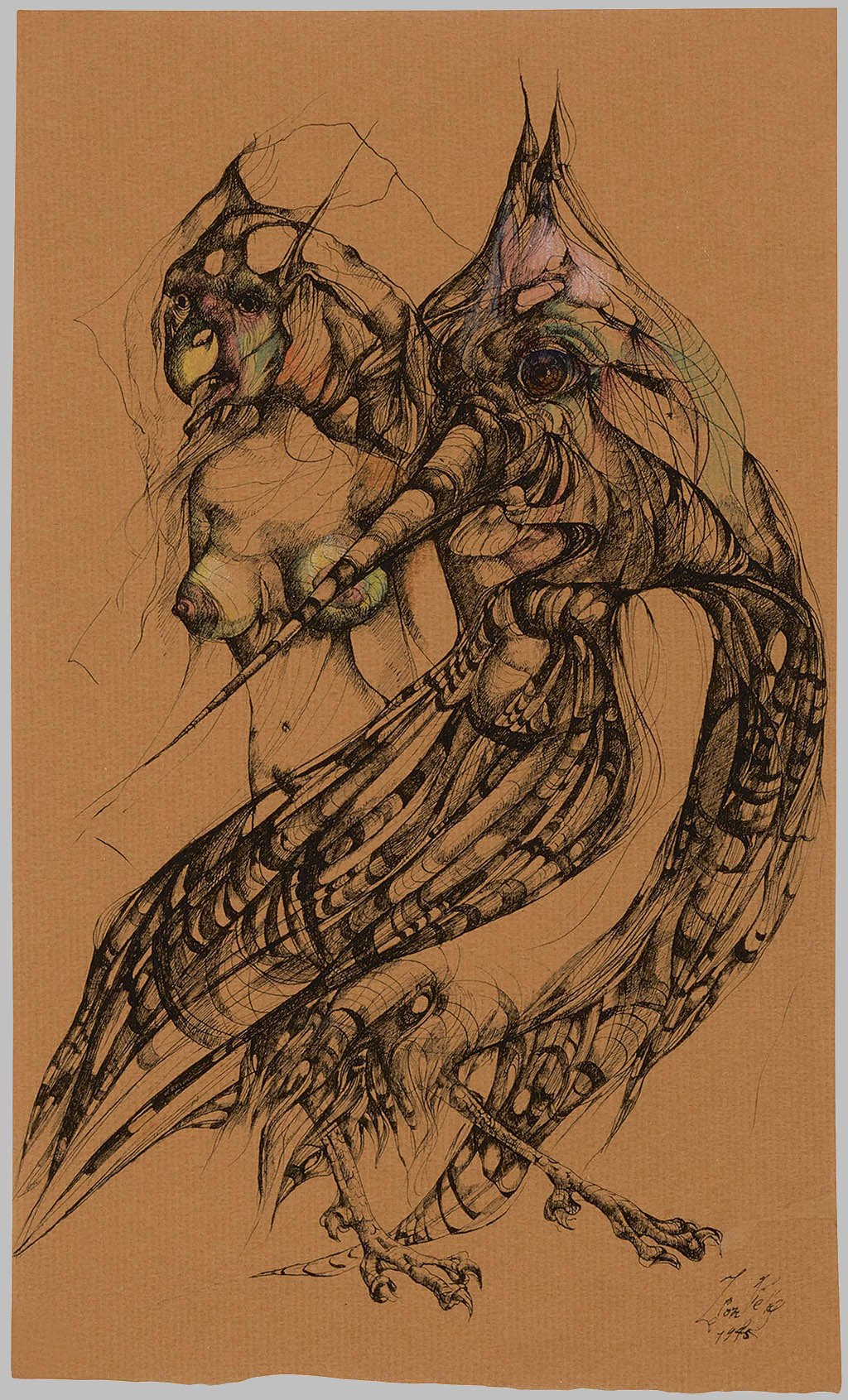 Leon Kelly - The Oriental Cock - The Carnival of Birds - 1945 ink and colored pencils on brown paper