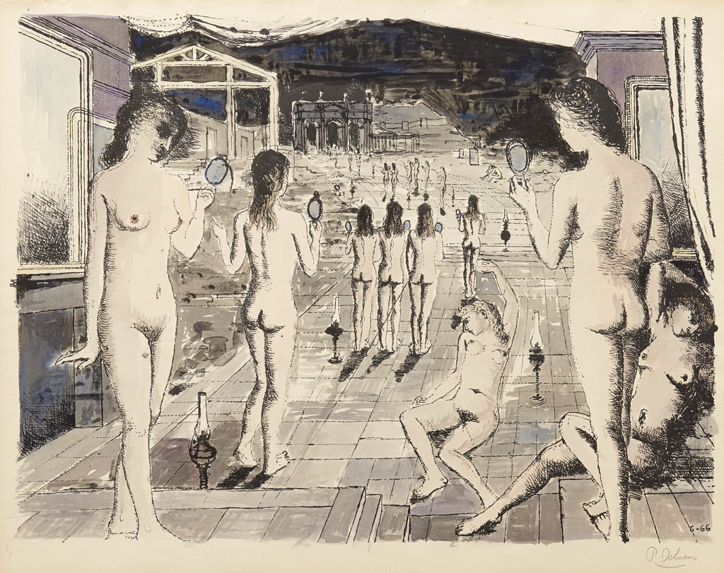 Paul Delvaux - Les Miroirs - 1966 lithograph hand painted in watercolors