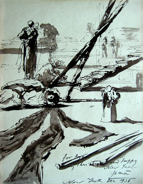 Eugene Berman - Debris and Antique Statue on the Beach - 1935 ink on green paper