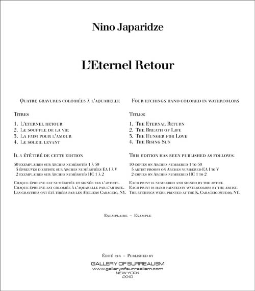 Nino Japaridze - L'Eternel Retour (The Eternal Return) - Colophon - 2010 portfolio of four etchings