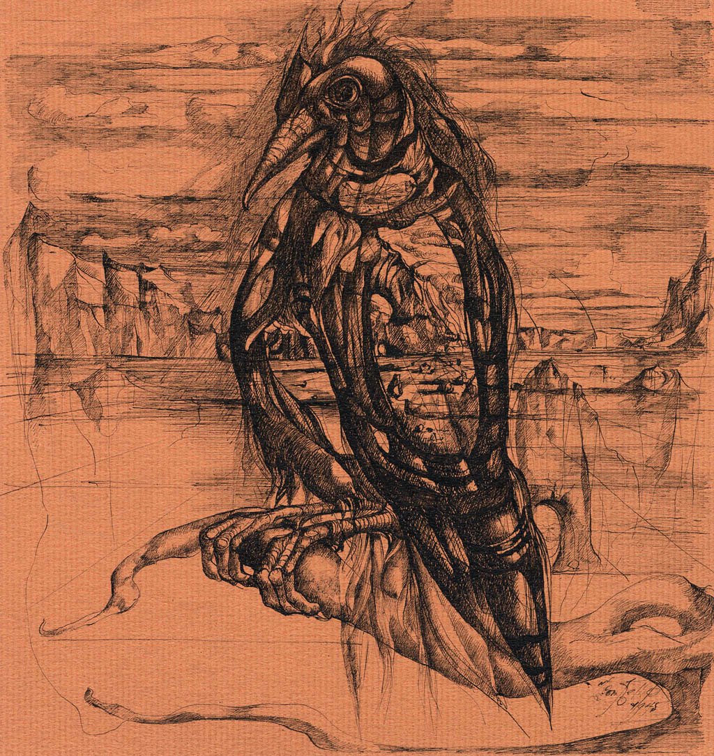 Leon Kelly - Bird of Winter - 1945 ink on brown paper
