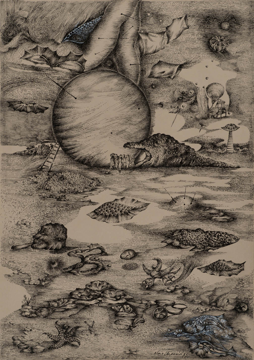 Nino Japaridze | La lune abandonne (The Abandoned Moon) | 2015 ink on tan paper