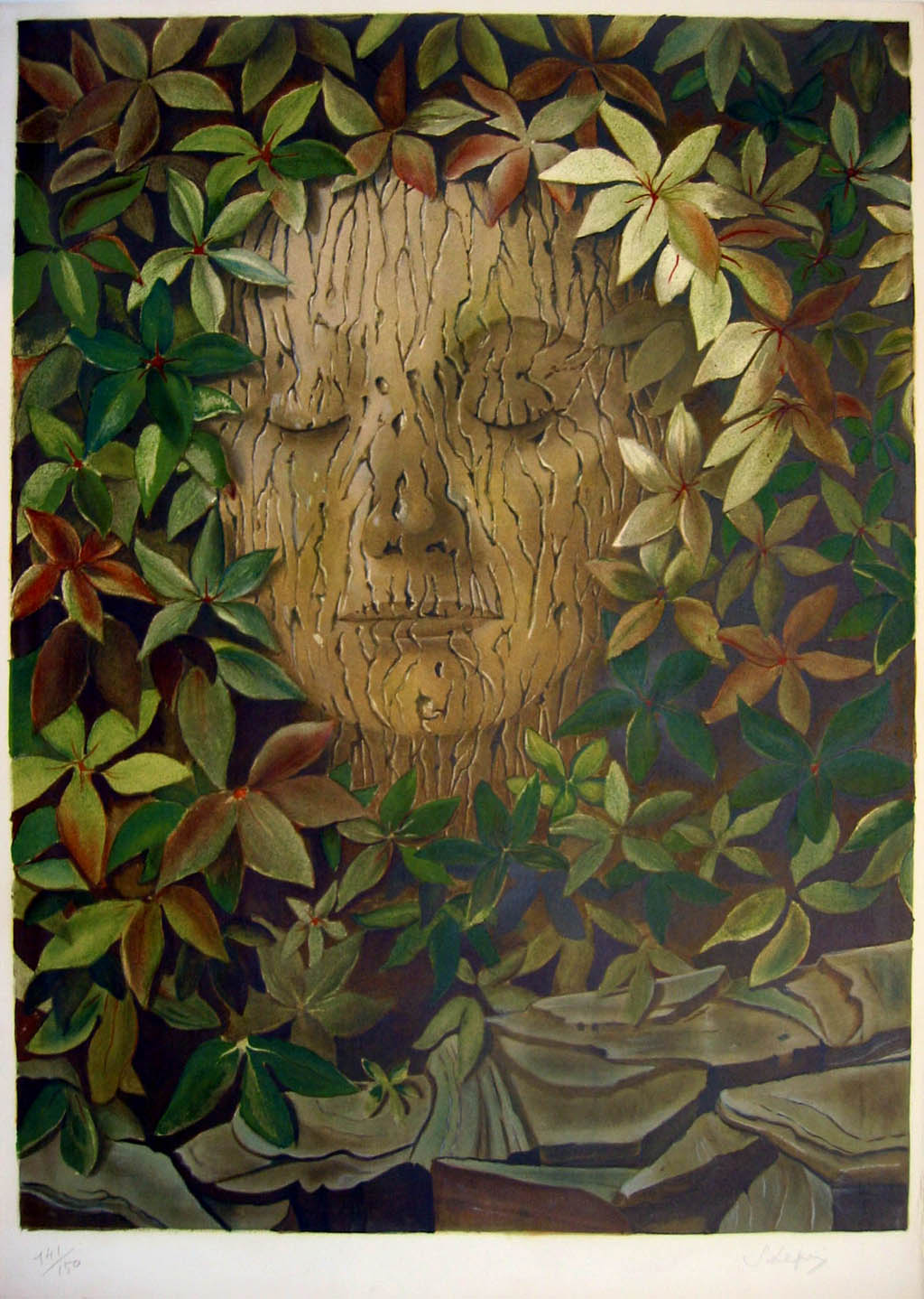 Stanislao Lepri - Visage par les feuilles (Face Through the Leaves) - c.1977 color lithograph