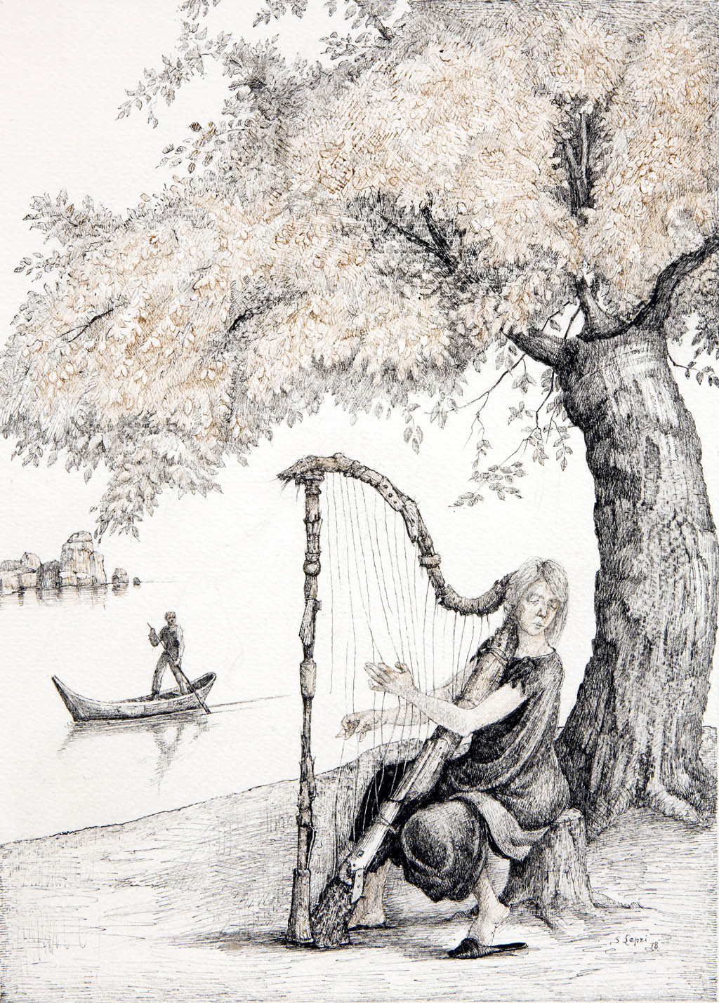 Stanislao Lepri - La jeune fille a la harpe (The Girl and the Harp) - 1978 sepia and black ink on paper
