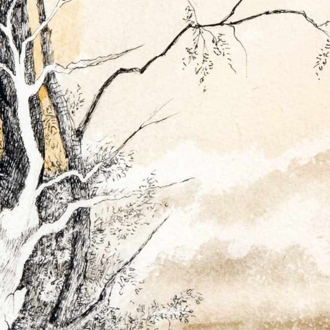 Stanislao Lepri - Enfant et Lapin sur le Pont - 1975 sepia and black ink and wash on heavy paper