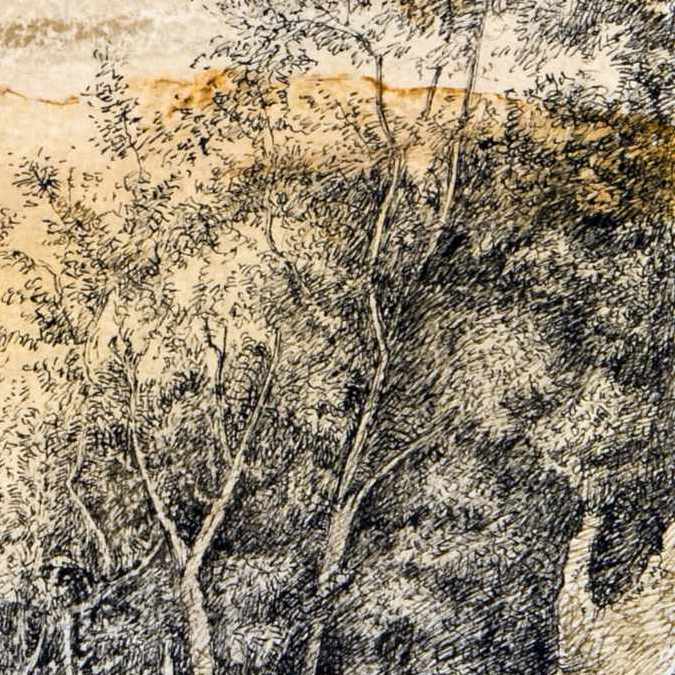 Stanislao Lepri - Enfant et Lapin sur le Pont - 1975 sepia and black ink and wash on heavy paper