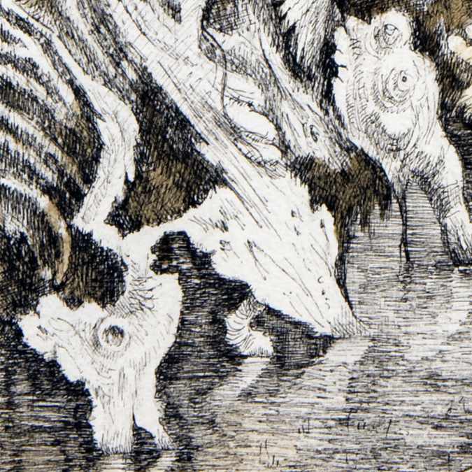 Stanislao Lepri - Enfant et Lapin sur le Pont - 1975 sepia and black ink and wash on heavy paper