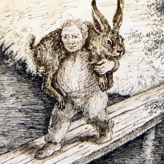 Stanislao Lepri - Enfant et Lapin sur le Pont - 1975 sepia and black ink and wash on heavy paper