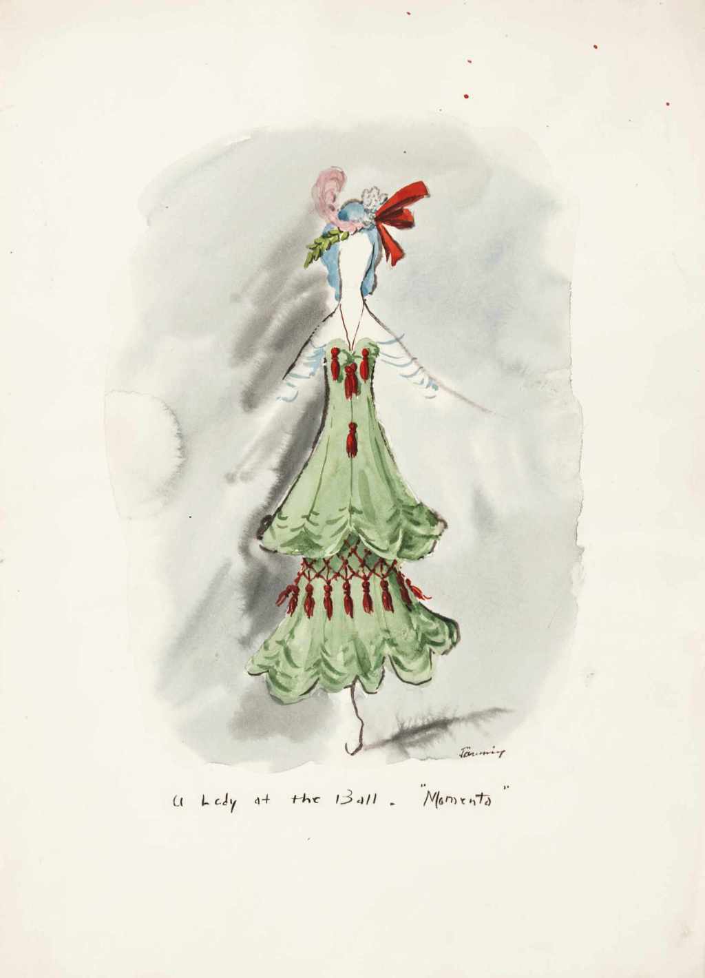 Dorothea Tanning - A Lady at the Ball (Costume Design for Momenta, an Unrealized Ballet), c. 1950 - ink, colored ink and wash on paper