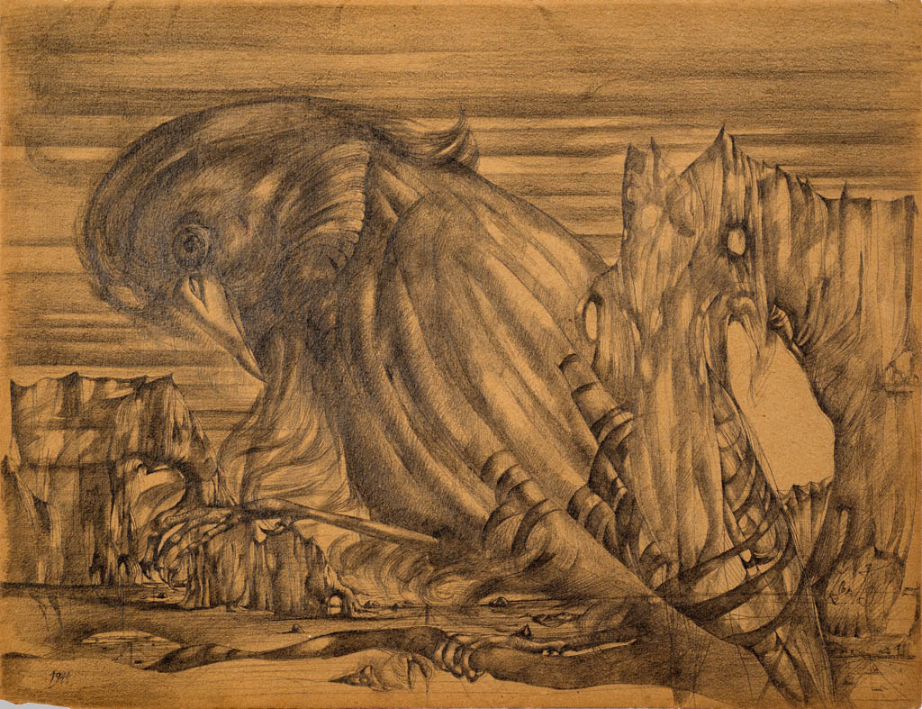 Leon Kelly - Bird of the Night - 1944 ink on brown  paper