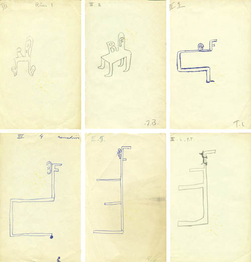Jeu de Dessin Communique (Game of Communicated Drawing) - Robert Rius, Andre Breton, Therese Caen, Remedios Varo, Benjamin Peret, Yves Tanguy - Le Chaise RF (The Armchair RF) - c.1938 pencil and ink on six sheets of paper