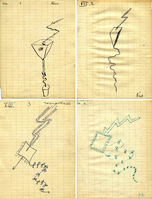 Andre Breton - Benjamin Peret - Robert Rius - Remedios Varo - Dessin Communique (Communicated Drawing) - L'éclair et le Cerf-Volant (The Lightning and the Kite) - 1937-1939 ink and pencil on four sheets of paper