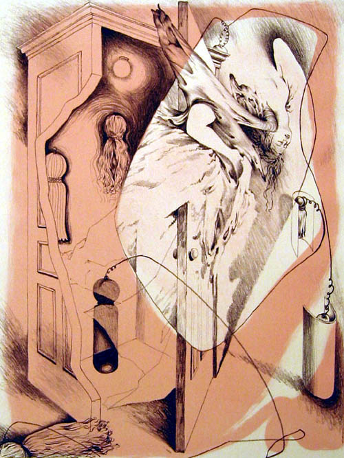 Dorothea Tanning - Les 7 perils spectraux (The Seven Spectral Perils) - Cinquieme Peril (Fifth Peril) - 1950 color lithograph