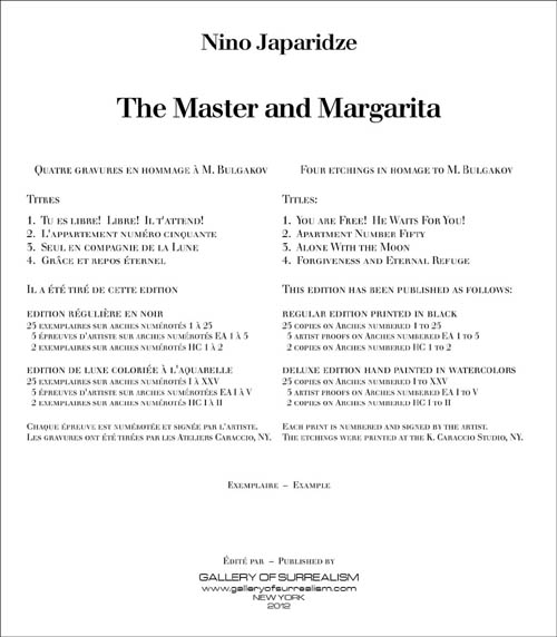 Nino Japaridze - The Master and Margarita - Colophon - 2012 portfolio of four etchings