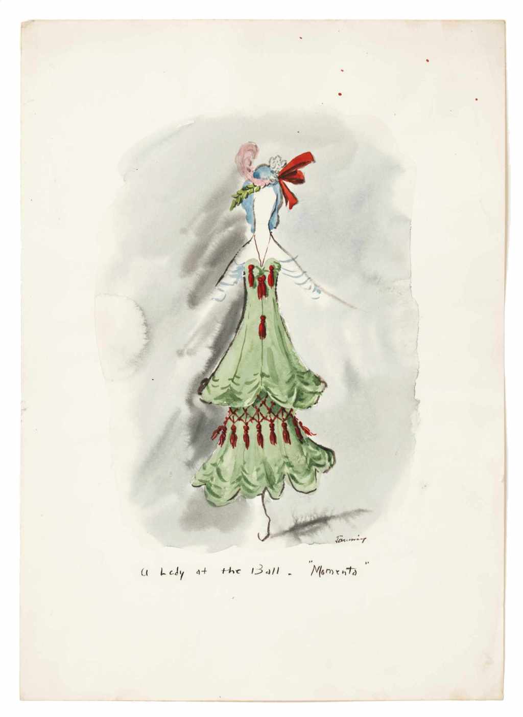 Dorothea Tanning - A Lady at the Ball (Costume Design for Momenta, an Unrealized Ballet), c. 1950 - ink, coloured ink and wash on paper