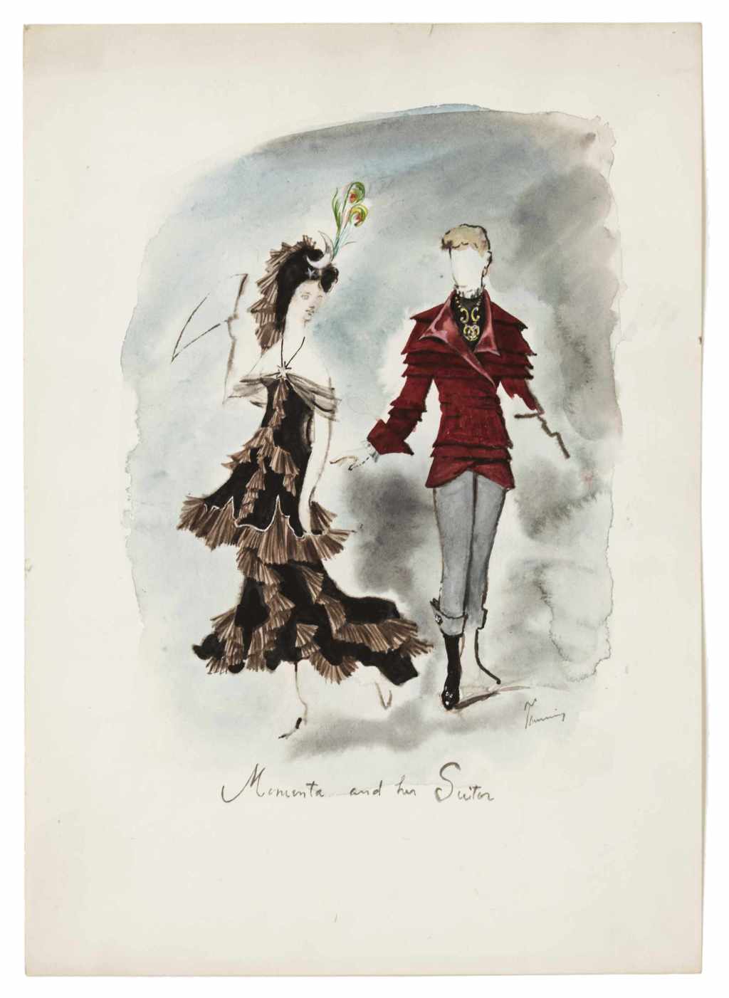Dorothea Tanning - Momenta and Her Suitor (Costume Design for Momenta, an Unrealized Ballet), c. 1950 - ink, coloured ink and watercolor on paper