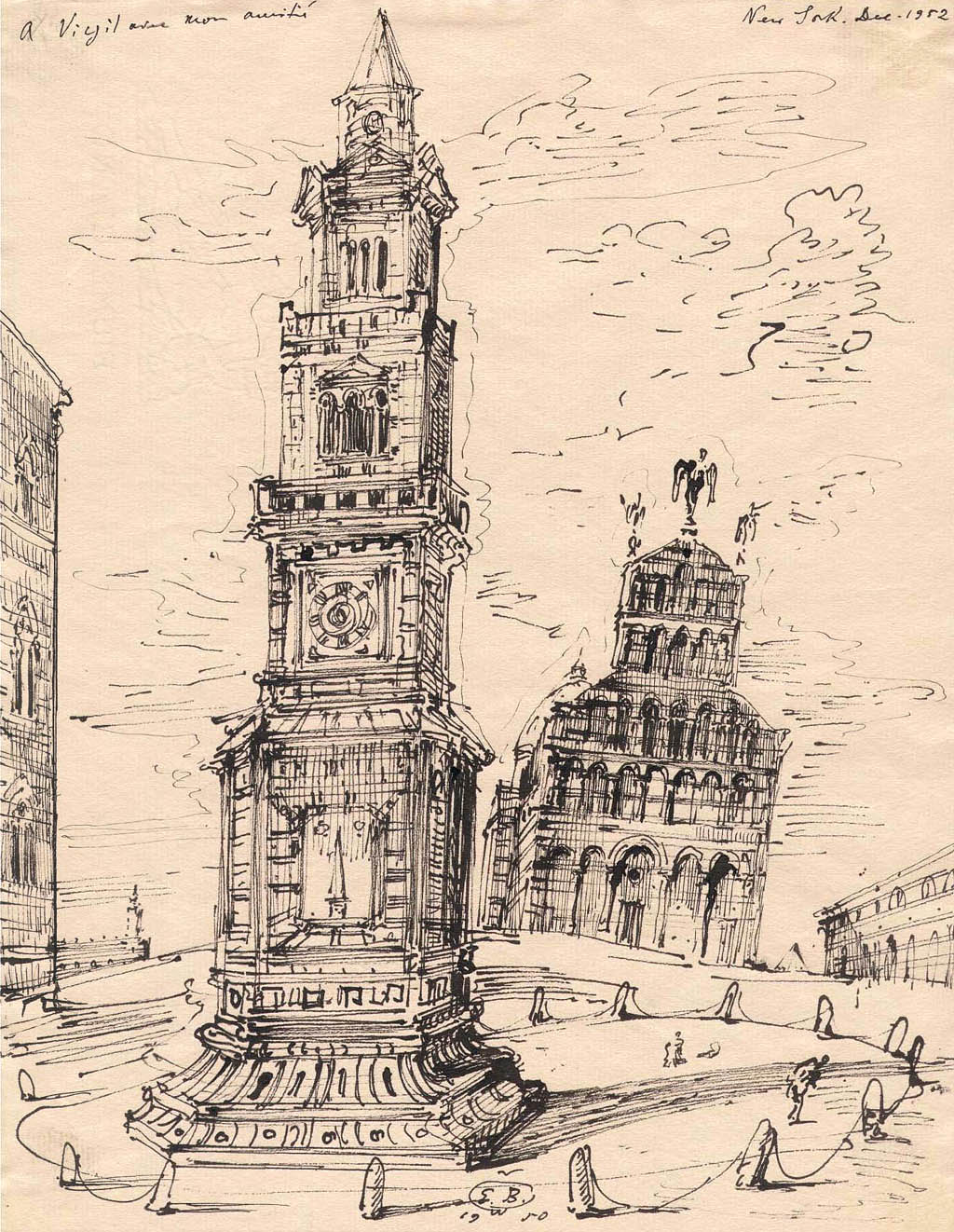 Eugene Berman | Fantasia Lucchese (Luccan Fantasy) | 1950 ink on pink paper