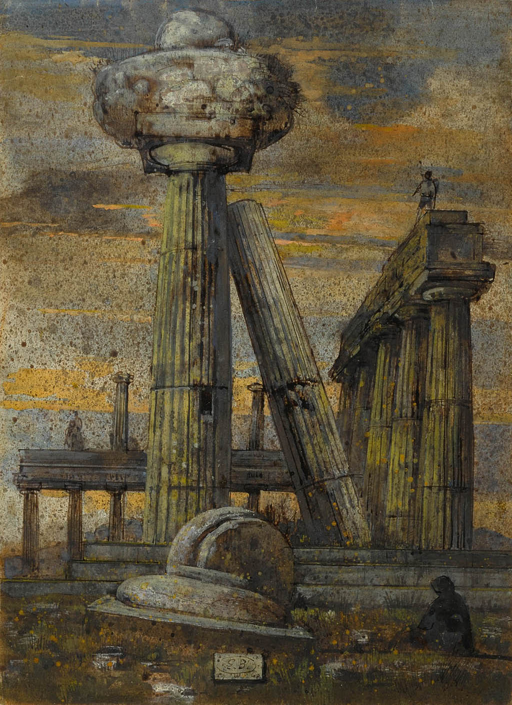 Eugene Berman - Antique Archives - Column Landscape - 1960 watercolor, ink, and wash on paper