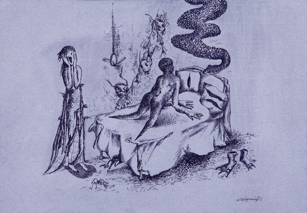 Nino Japaridze | La fièvre de la nuit (Fever Dream) | 2008 ink on blue paper