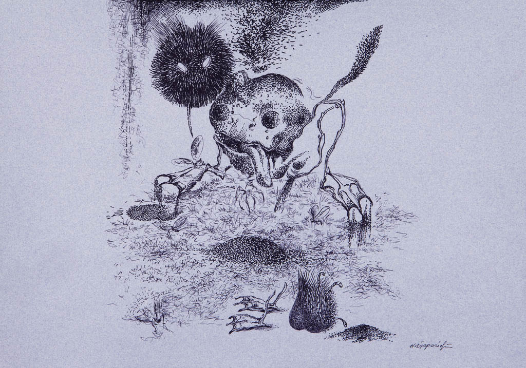 Nino Japaridze - Piège à loups I (Mantrap I) - 2008 ink on blue paper
