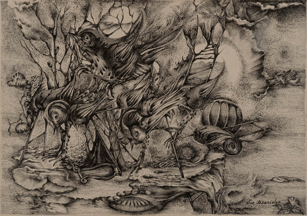 Nino Japaridze | Les oiseaux cachs (The Hidden Birds) | 2015 ink on tan paper