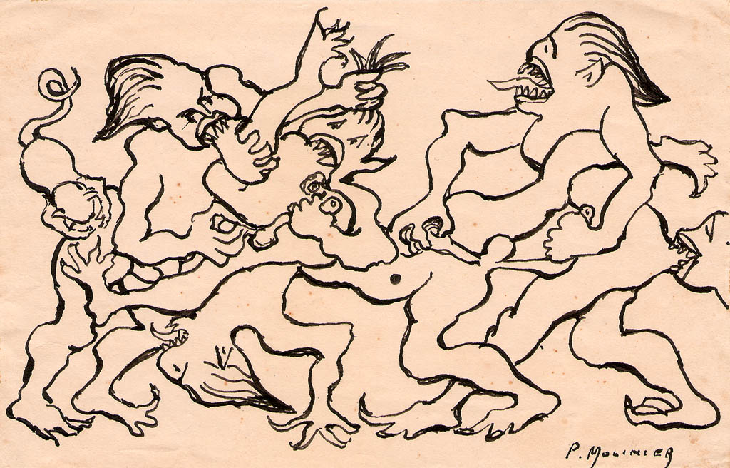 Pierre Molinier - Le combat des cros-magnons - 1949 ink on paper