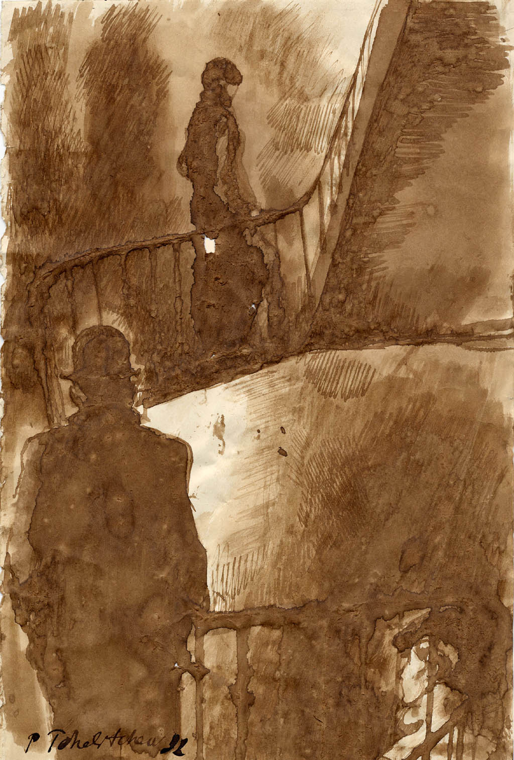 Pavel Tchelitchew - The Stair - 1932 sepia ink and wash on paper