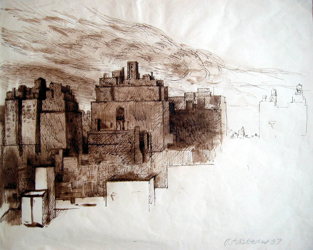 Pavel Tchelitchew - New York Perspective - 1937 sepia ink and wash on paper