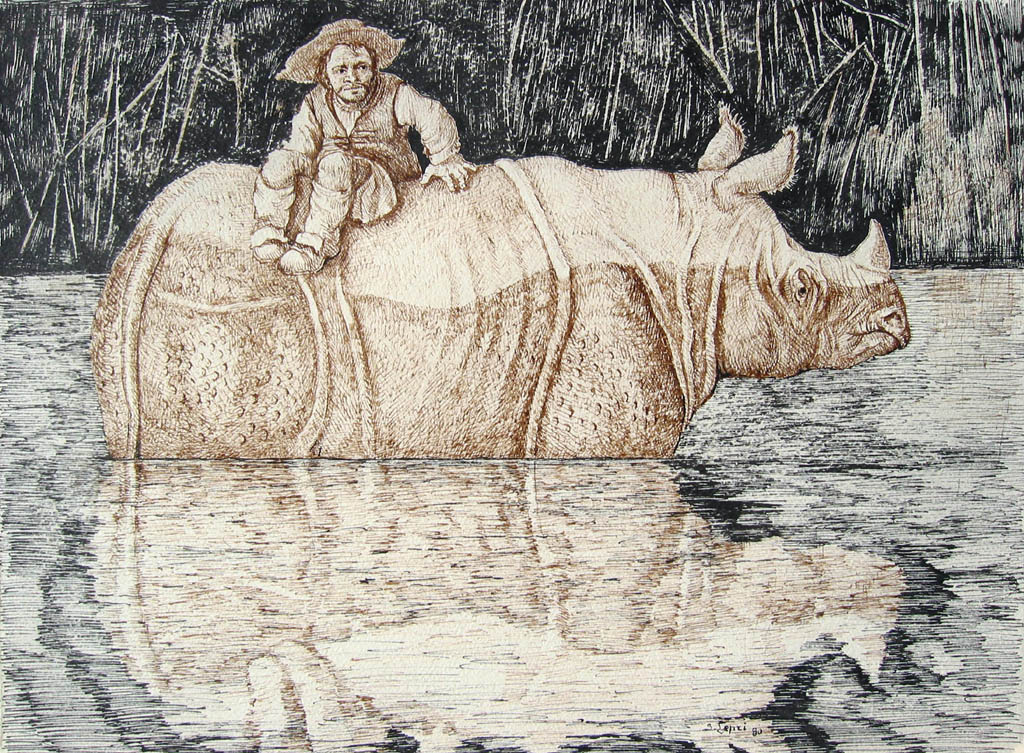 Stanislao Lepri - Rhinoceros et son Reflets (Rhinoceros and its Reflection) - 1980 sepia and black ink on paper