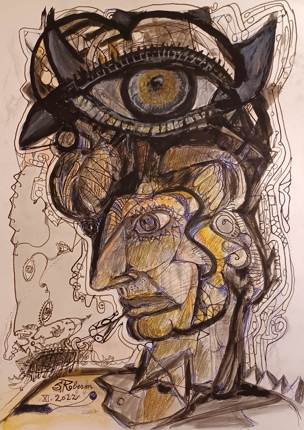 Stephen Robeson-Miller - The Seigneur of the Here and Now - 2022 gouache, ink, graphite, charcoal, and watercolor on paper