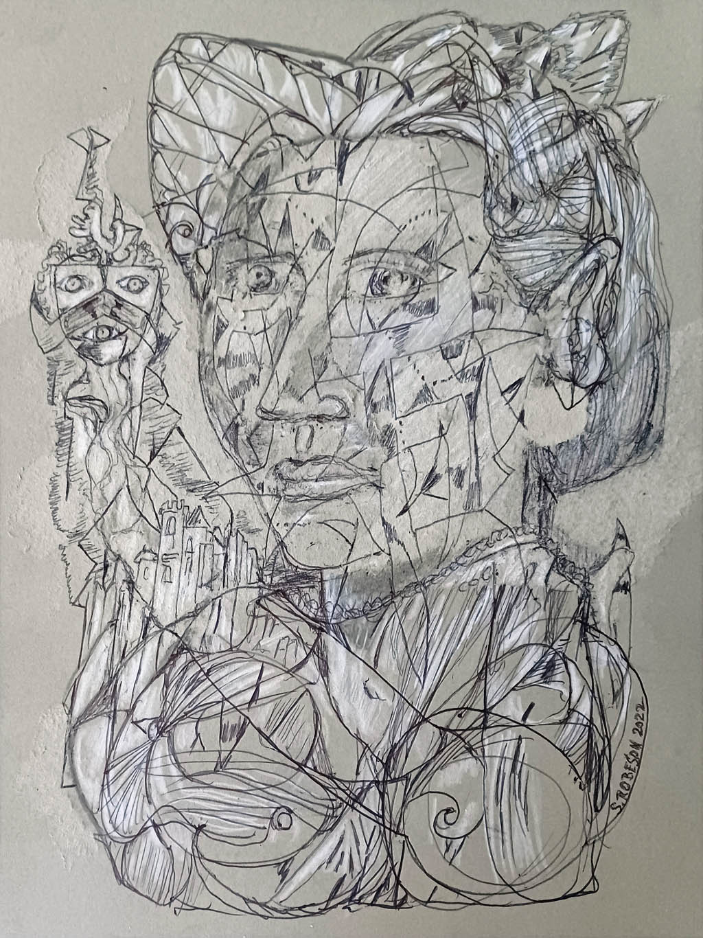 Stephen Robeson-Miller - La Seigneuresse of the Here and Now - 2022 ink, graphite, and highlighting on board